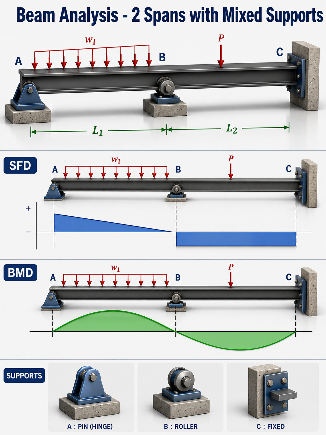 Beam Analysis - 2 Spans with Mixed Supports